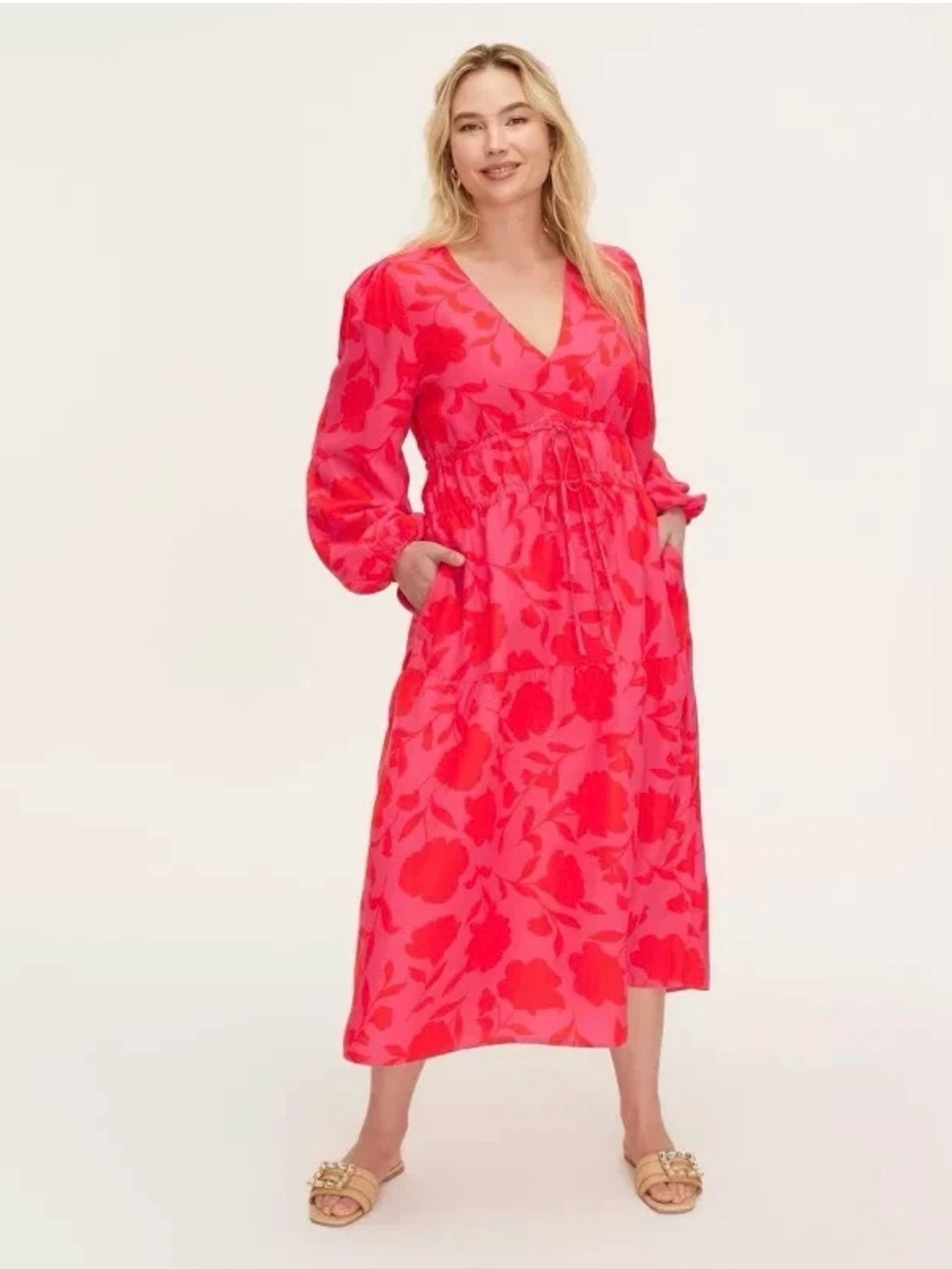 Kate Spade x Target Classic Rose Linen Long Sleeve Maxi Dress Pink/Red Sz S NEW